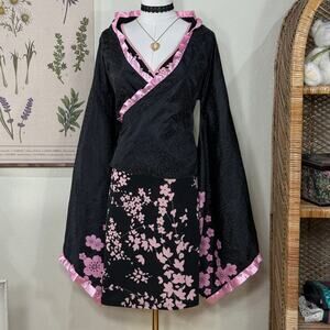 Black Satin Leopard Pink Floral Kimono Top Sexy Asian Inspired Cosplay Gyaru S M